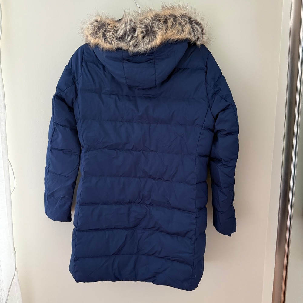 Lands End Womens Navy Blue Down Quilted Parka Jacket Faux Fur Hood Size M 10-12 - Picture 5 of 6